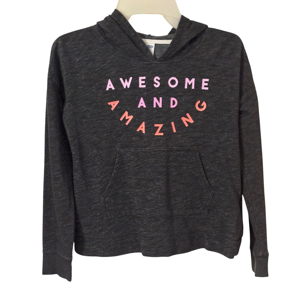 Old‎ Navy Girls Gray Awesome and Amazing Graphic Hoodie Sweatshirt Size L Note!